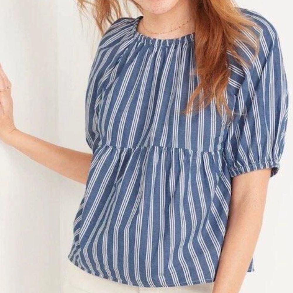 Old Navy Women's Puff Sleeve Babydoll Swing Top XL Navy White Striped Peasant